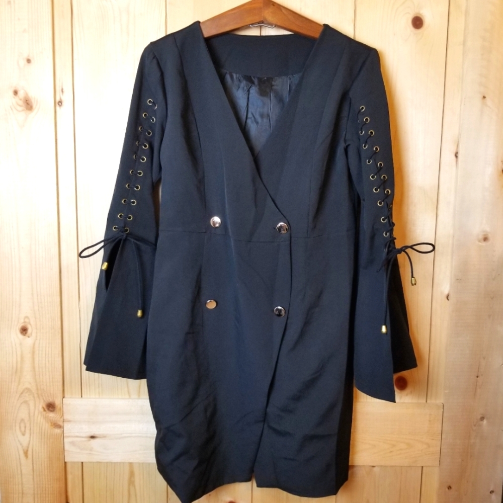Black Lace Up Trump Sleeve Lined Pirate Vibe Blazer Dress